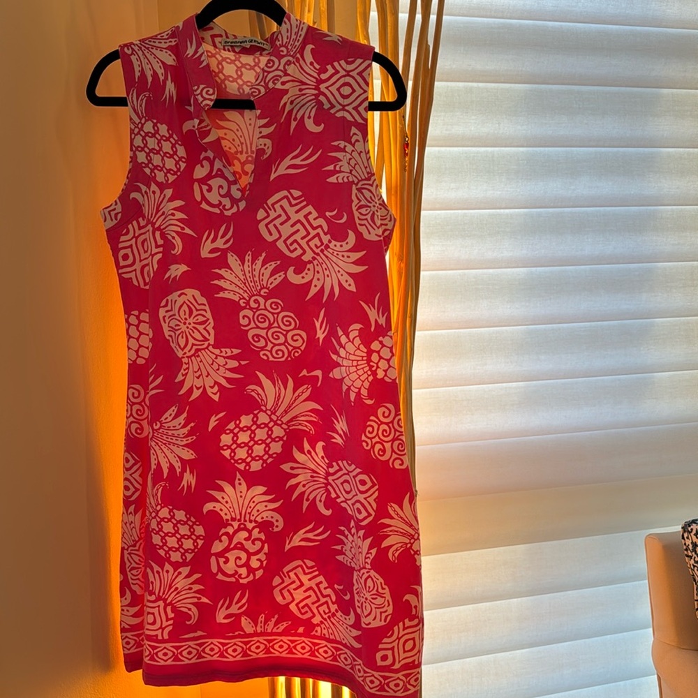 Sleeveless Barbara Gerwit pink and white pineapple dress size XL.